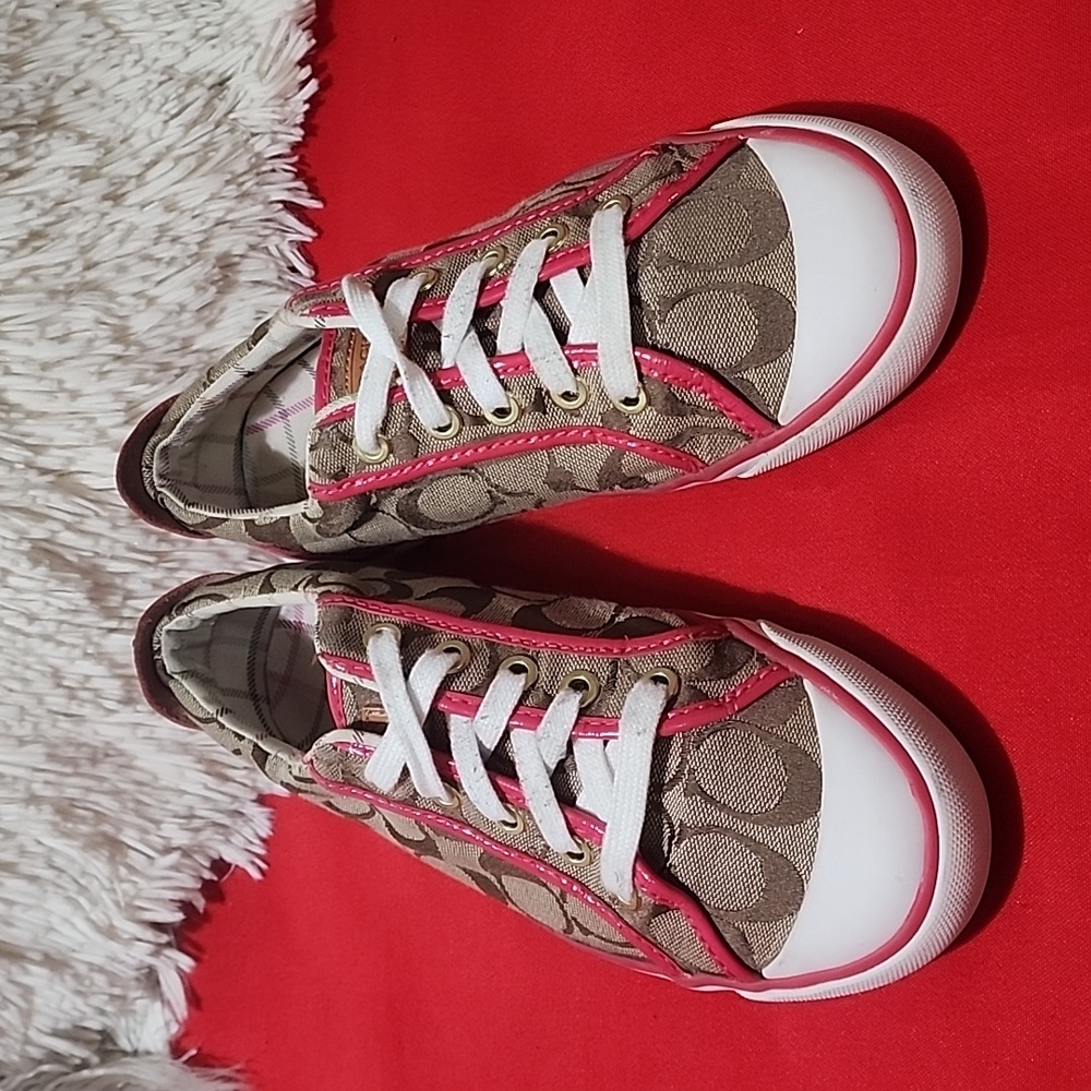 Coach Brown Signature Canvas Sneakers with Pink Trim and White Soles